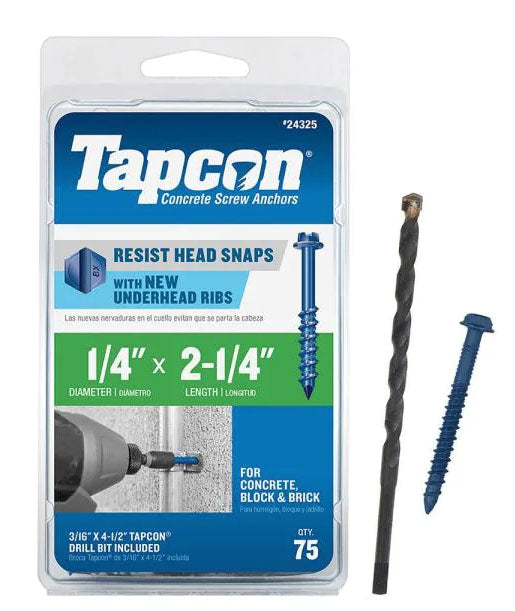Tapcon 1/4 in. x 2-1/4 in. Hex-Washer-Head Concrete Anchors (75-Pack) - Item # 156124