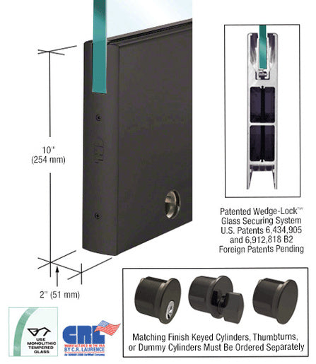 CRL Black Bronze Anodized 1/2" Glass 10" Square Door Rail With Lock - 35-3/4" Length - Item # DR10SDU12SL