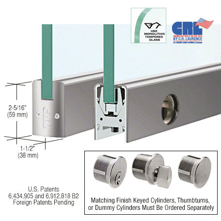 CRL Brushed Stainless 1/2" Glass Low Profile Square Door Rail With Lock - 35-3/4" Length - Item # DR2SBS12SL