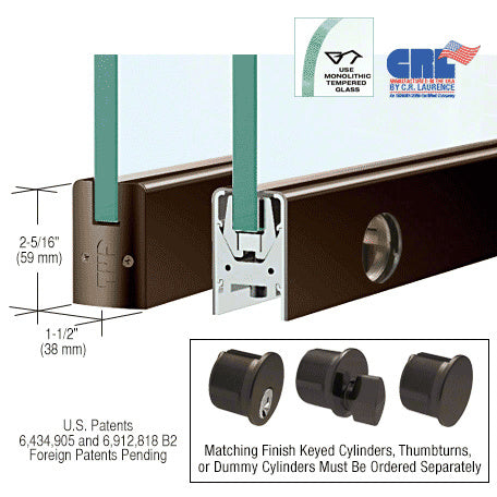 CRL Black Bronze Anodized 1/2" Glass Low Profile Square Door Rail with Lock - 35-3/4" Length - Item # DR2SDU12SL