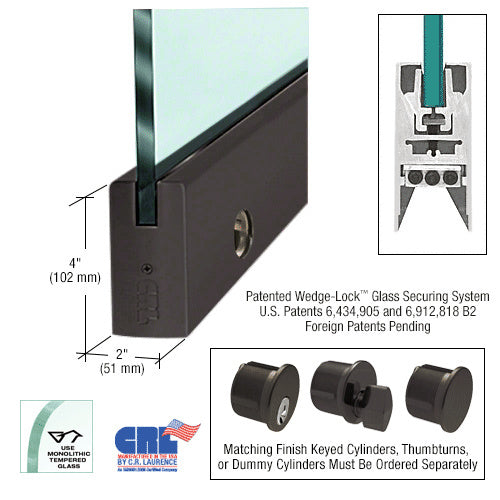 CRL Black Bronze Anodized 1/2" Glass 4" Square Door Rail With Lock - 35-3/4" Length - Item # DR4SDU12SL