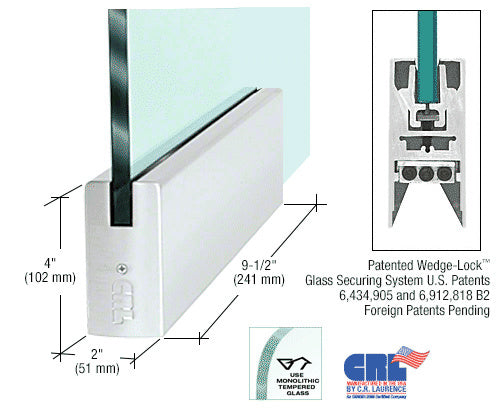Satin Anodized 4" Square DRS Door Rail Without Lock for 1/2" Glass - 9-1/2" Length - Item # DR4SSA12P