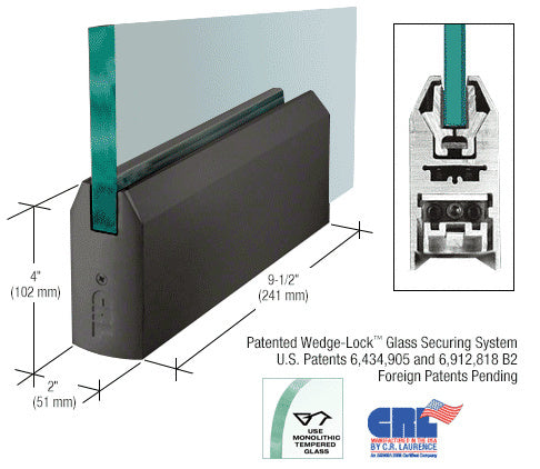 Black Bronze Anodized 4" Tapered DRS Door Rail Without Lock for 1/2" Glass - 9-1/2" Length - Item # DR4TDU12P