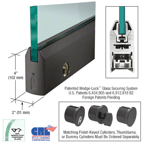 CRL Black Bronze Anodized 1/2" Glass 4" Tapered Door Rail With Lock - 35-3/4" Length - Item # DR4TDU12SL