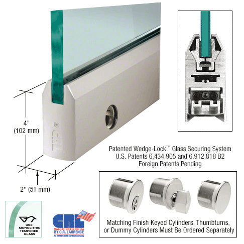 CRL Satin Anodized 1/2" Glass 4" Tapered Door Rail With Lock - 35-3/4" Length - Item # DR4TSA12SL